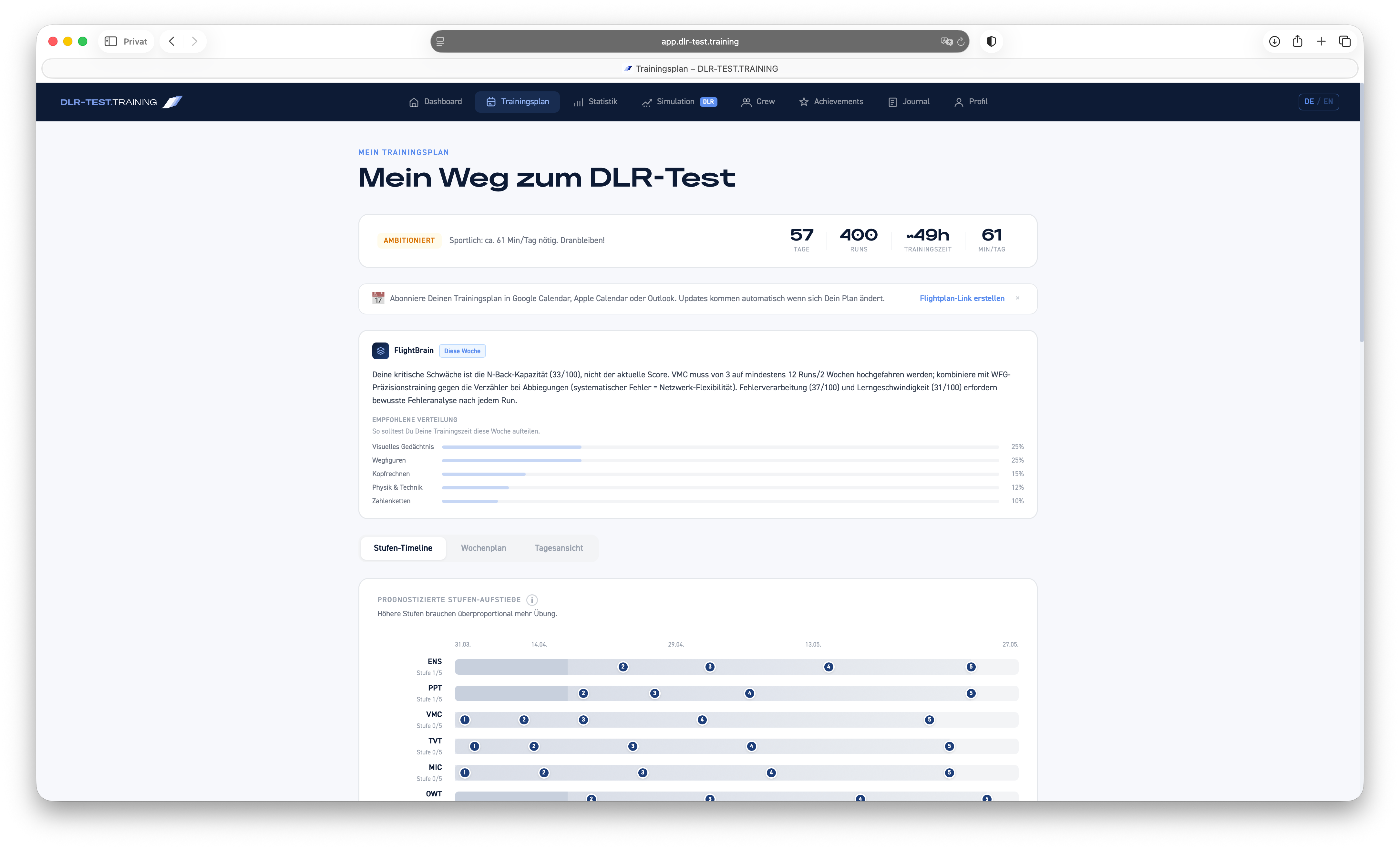 PilotentestTraining Trainingsplan — Adaptiver Lernplan bis zum DLR-Testtermin