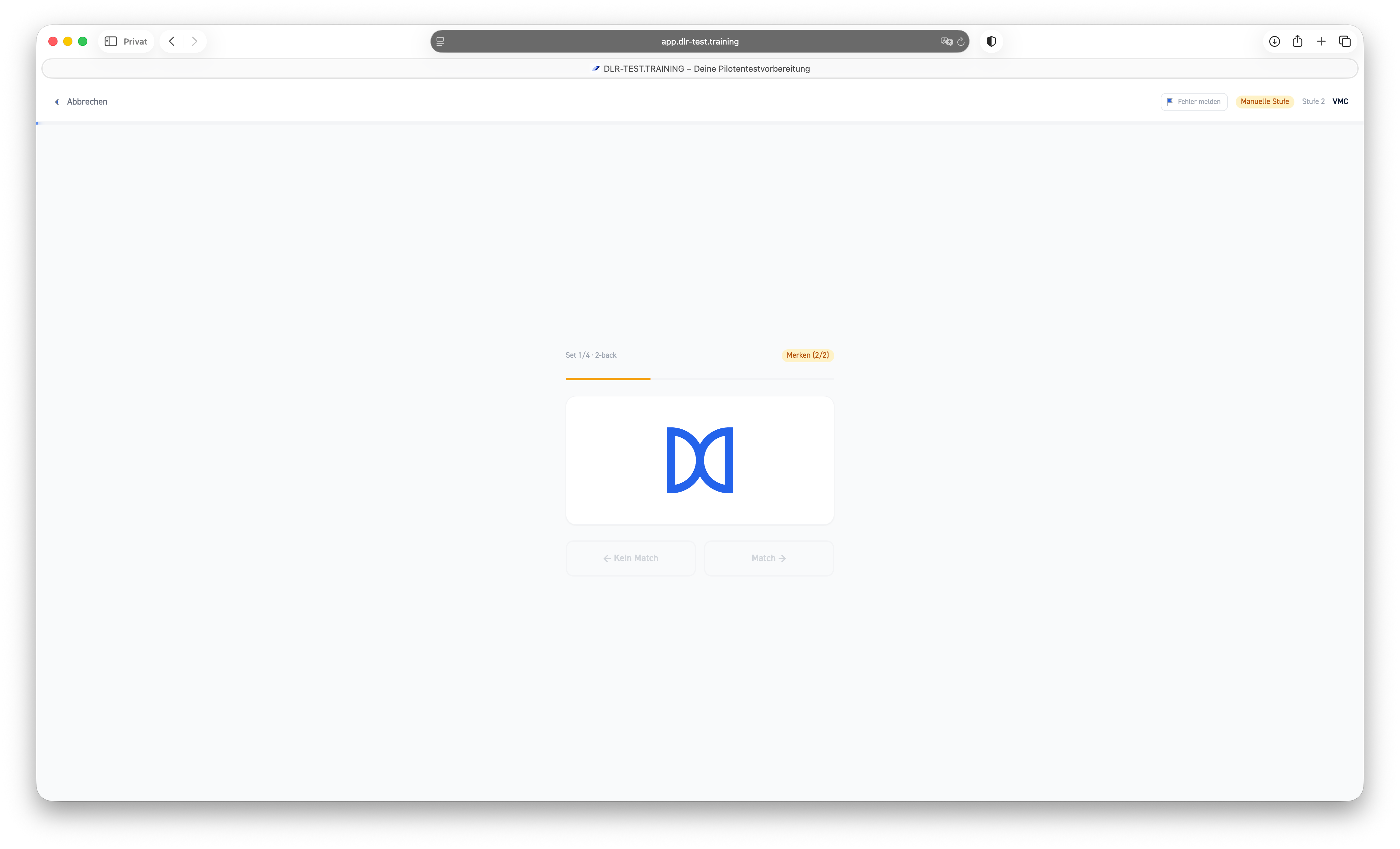 Visual Memory Capacity (VMC) im DLR-Test — Screenshot der Trainingsaufgabe — Aufgabenansicht